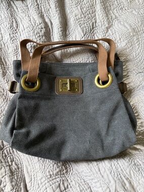Zede Taupe Gray Canvas Shoulder Bag with Tan Straps